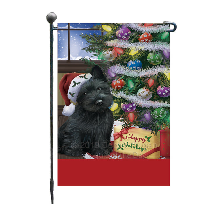Personalized Christmas Happy Holidays Scottish Terrier Dog with Tree and Presents Custom Garden Flags GFLG-DOTD-A58664