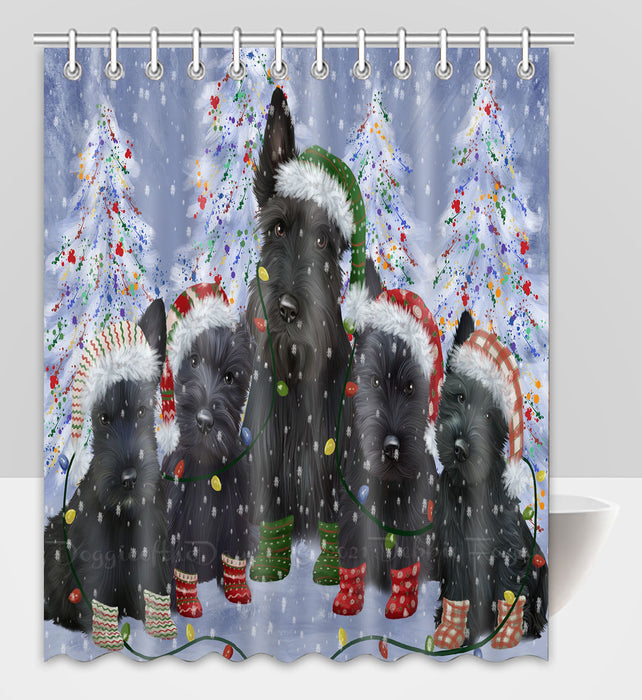 Christmas Lights and Scottish Terrier Dogs Shower Curtain Pet Painting Bathtub Curtain Waterproof Polyester One-Side Printing Decor Bath Tub Curtain for Bathroom with Hooks