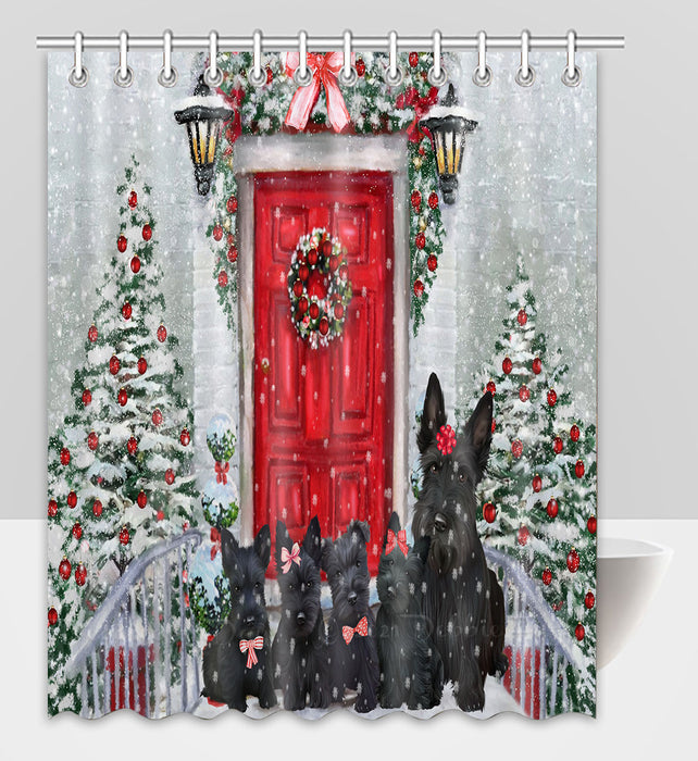 Christmas Holiday Welcome Scottish Terrier Dogs Shower Curtain Pet Painting Bathtub Curtain Waterproof Polyester One-Side Printing Decor Bath Tub Curtain for Bathroom with Hooks
