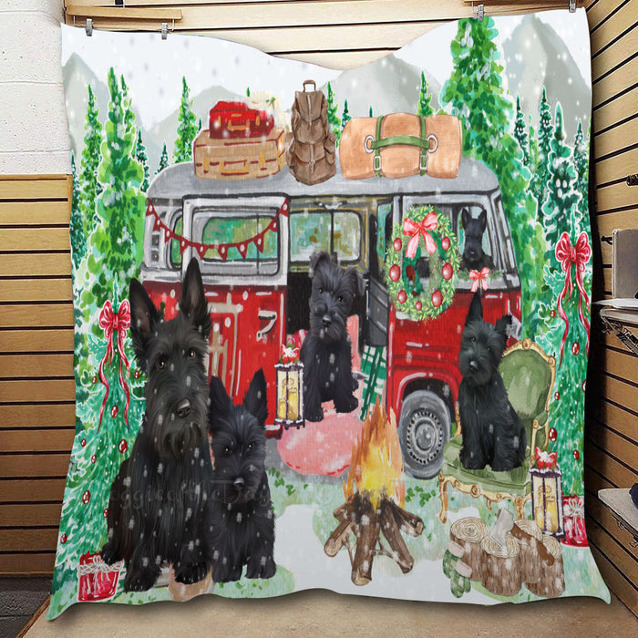Christmas Time Camping with Scottish Terrier Dogs  Quilt Bed Coverlet Bedspread - Pets Comforter Unique One-side Animal Printing - Soft Lightweight Durable Washable Polyester Quilt