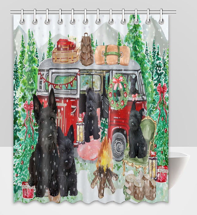 Christmas Time Camping with Scottish Terrier Dogs Shower Curtain Pet Painting Bathtub Curtain Waterproof Polyester One-Side Printing Decor Bath Tub Curtain for Bathroom with Hooks