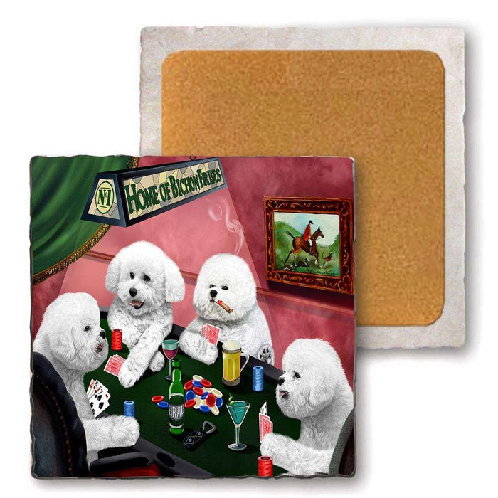 Set of 4 Natural Stone Marble Tile Coasters - Home of Bichon Frise 4 Dogs Playing Poker MCST48052