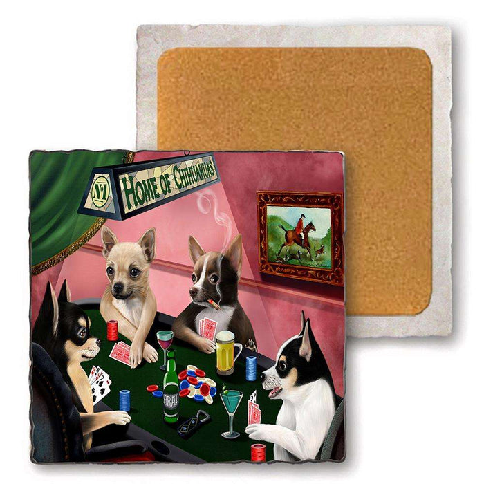 Set of 4 Natural Stone Marble Tile Coasters - Home of Chihuahua 4 Dogs Playing Poker MCST48014