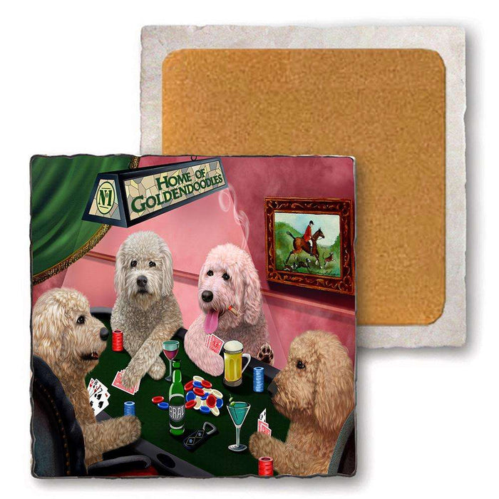 Set of 4 Natural Stone Marble Tile Coasters - Home of Goldendoodle 4 Dogs Playing Poker MCST48074
