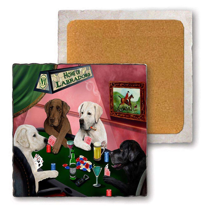 Set of 4 Natural Stone Marble Tile Coasters - Home of Labrador Retriever 4 Dogs Playing Poker MCST48033
