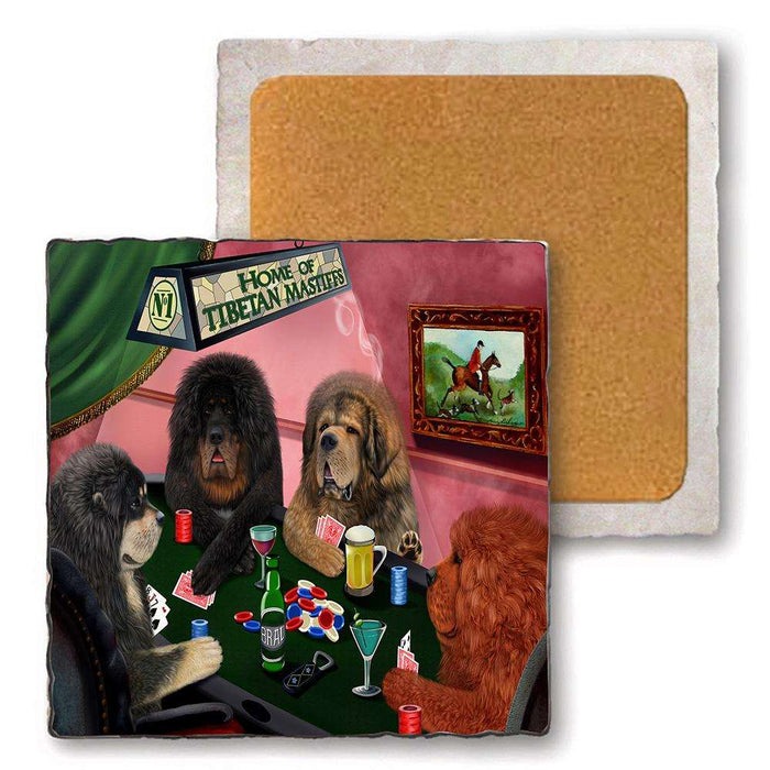Set of 4 Natural Stone Marble Tile Coasters - Home of Tibetan Mastiff 4 Dogs Playing Poker MCST48047