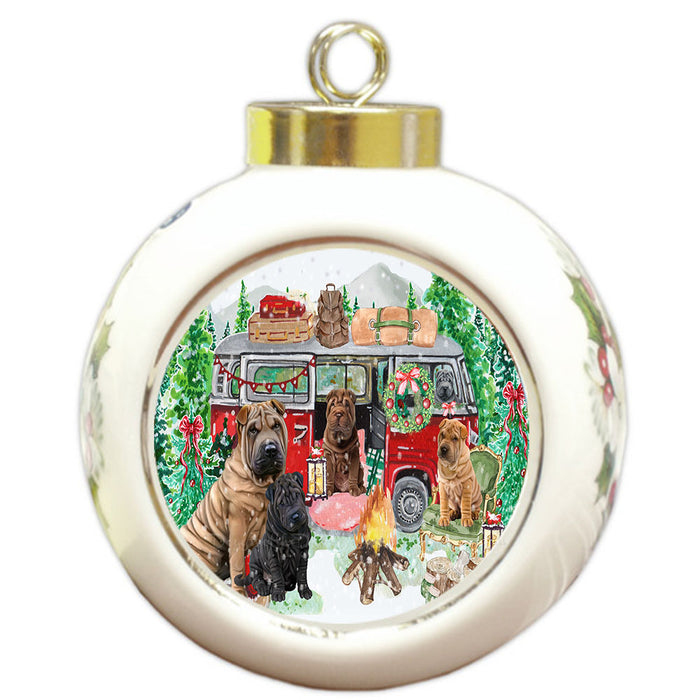 Christmas Time Camping with Shar Pei Dogs Round Ball Christmas Ornament Pet Decorative Hanging Ornaments for Christmas X-mas Tree Decorations - 3" Round Ceramic Ornament