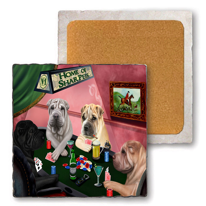 Set of 4 Natural Stone Marble Tile Coasters - Home of Shar Pei 4 Dogs Playing Poker MCST48055