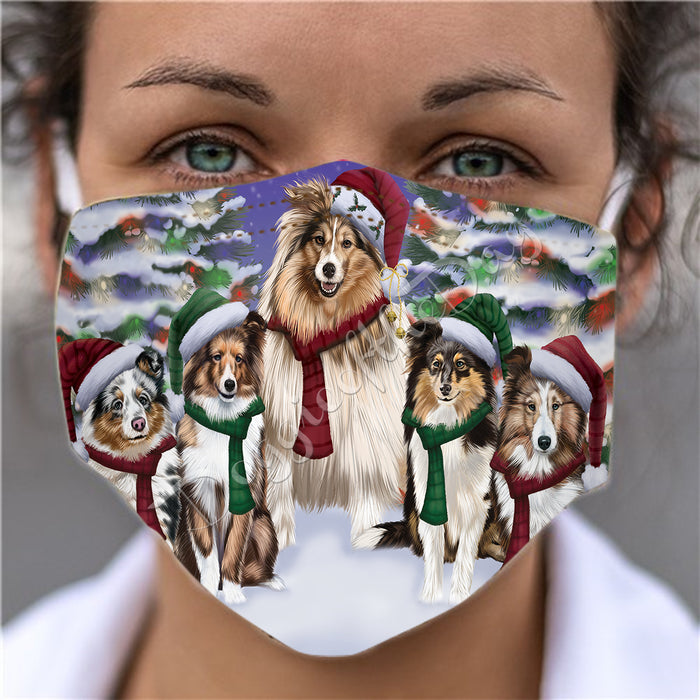 Shetland Sheepdogs Christmas Family Portrait in Holiday Scenic Background Face Mask FM48376