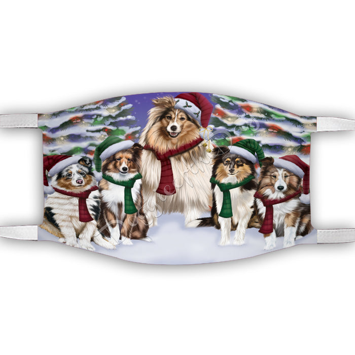 Shetland Sheepdogs Christmas Family Portrait in Holiday Scenic Background Face Mask FM48376