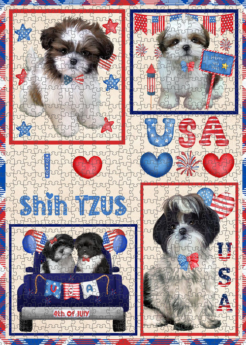 4th of July Independence Day I Love USA Shih Tzu Dogs Portrait Jigsaw Puzzle for Adults Animal Interlocking Puzzle Game Unique Gift for Dog Lover's with Metal Tin Box