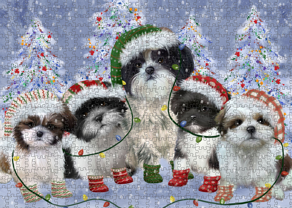 Christmas Lights and Shih Tzu Dogs Portrait Jigsaw Puzzle for Adults Animal Interlocking Puzzle Game Unique Gift for Dog Lover's with Metal Tin Box