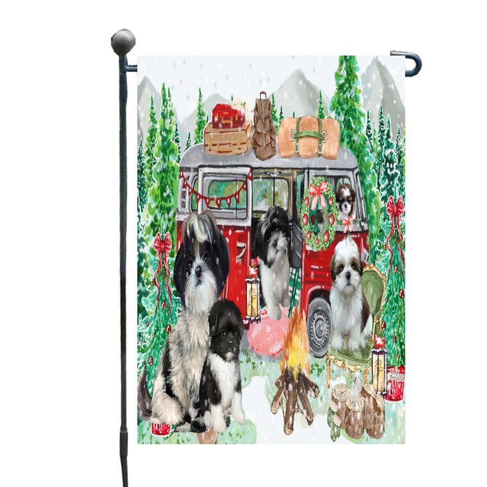 Christmas Time Camping with Shih Tzu Dogs Garden Flags- Outdoor Double Sided Garden Yard Porch Lawn Spring Decorative Vertical Home Flags 12 1/2"w x 18"h