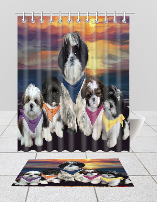 Family Sunset Portrait Shih Tzu Dogs Bath Mat and Shower Curtain Combo