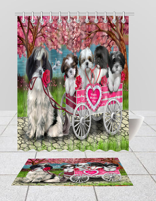 I Love Shih Tzu Dogs in a Cart Bath Mat and Shower Curtain Combo