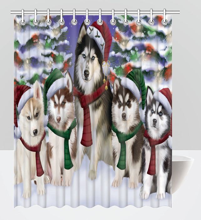 Siberian Husky Dogs Christmas Family Portrait in Holiday Scenic Background Shower Curtain