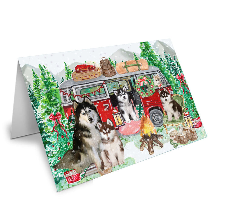 Christmas Time Camping with Siberian Husky Dogs Handmade Artwork Assorted Pets Greeting Cards and Note Cards with Envelopes for All Occasions and Holiday Seasons