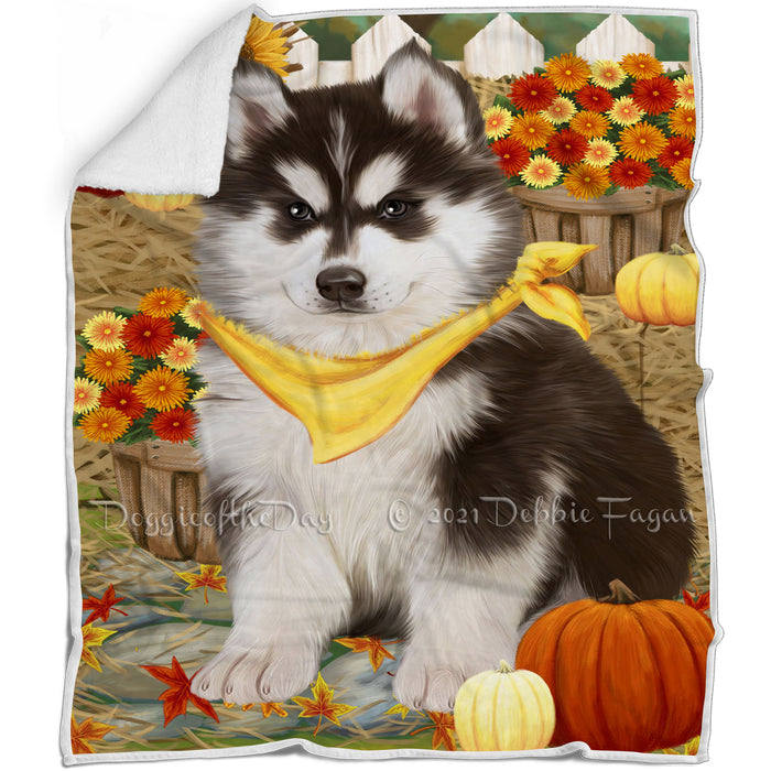 Fall Autumn Greeting Siberian Husky Dog with Pumpkins Blanket BLNKT142448