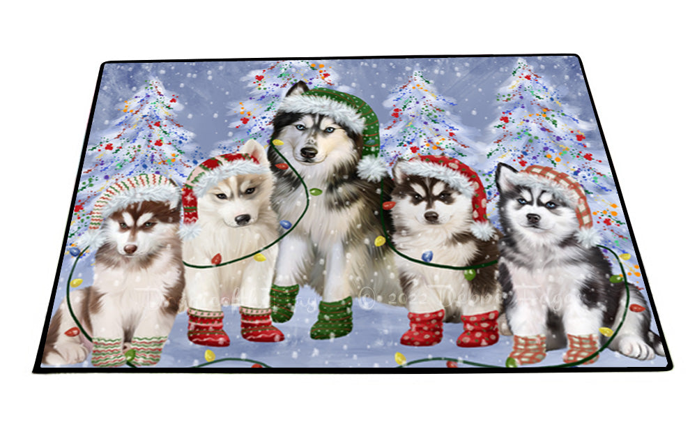 Christmas Lights and Siberian Husky Dogs Floor Mat- Anti-Slip Pet Door Mat Indoor Outdoor Front Rug Mats for Home Outside Entrance Pets Portrait Unique Rug Washable Premium Quality Mat