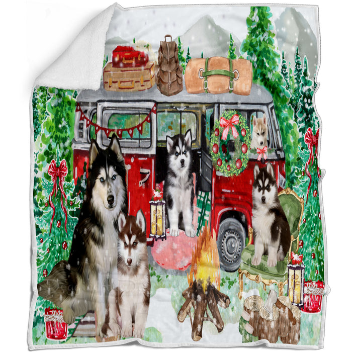Christmas Time Camping with Siberian Husky Dogs Blanket - Lightweight Soft Cozy and Durable Bed Blanket - Animal Theme Fuzzy Blanket for Sofa Couch