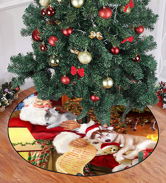 Santa Sleeping with Siberian Husky Dogs Christmas Tree Skirt