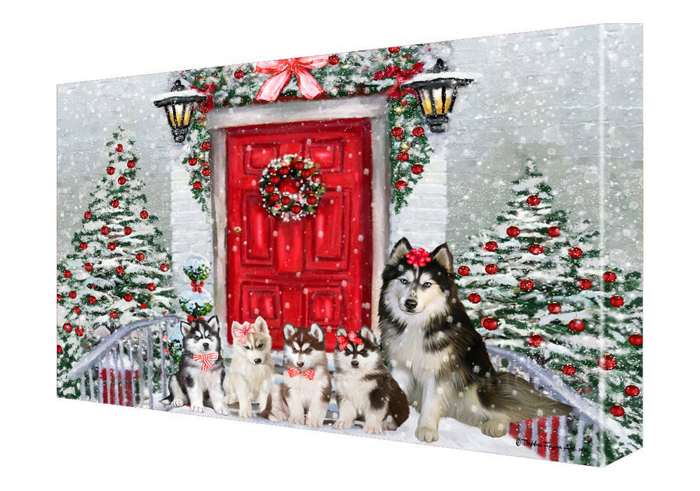 Christmas Holiday Welcome Siberian Husky Dogs Canvas Wall Art - Premium Quality Ready to Hang Room Decor Wall Art Canvas - Unique Animal Printed Digital Painting for Decoration
