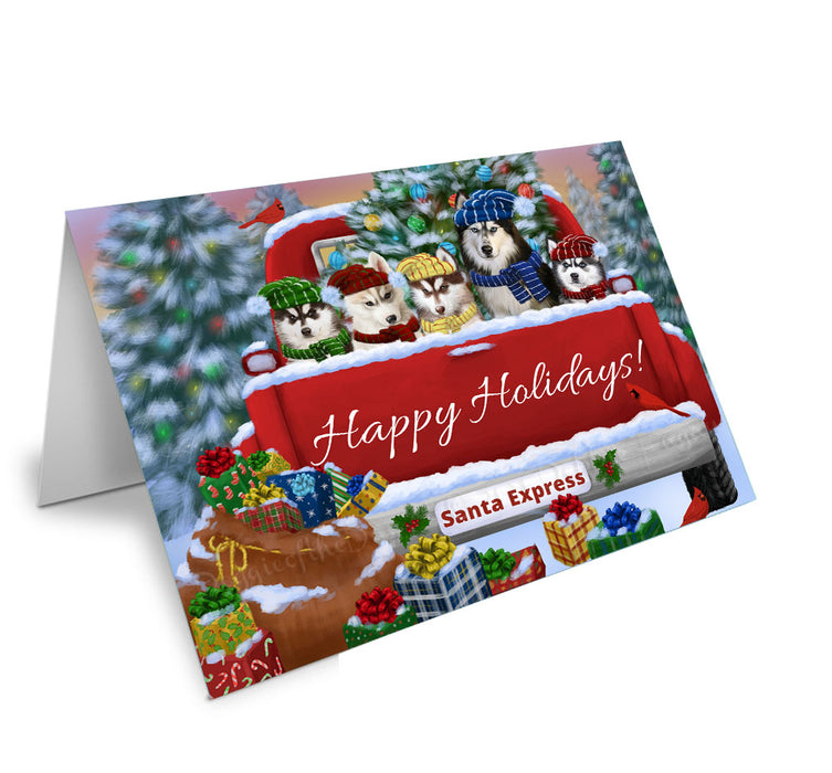 Christmas Red Truck Travlin Home for the Holidays Siberian Husky Dogs Handmade Artwork Assorted Pets Greeting Cards and Note Cards with Envelopes for All Occasions and Holiday Seasons