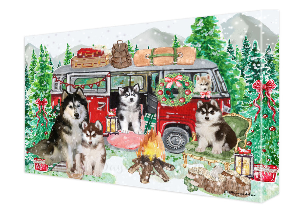 Christmas Time Camping with Siberian Husky Dogs Canvas Wall Art - Premium Quality Ready to Hang Room Decor Wall Art Canvas - Unique Animal Printed Digital Painting for Decoration