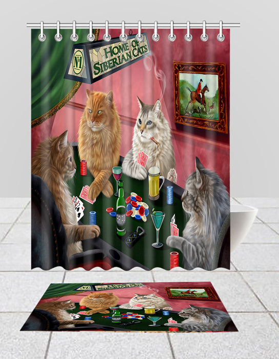 Home of  Siberian Cat Playing Poker Bath Mat and Shower Curtain Combo