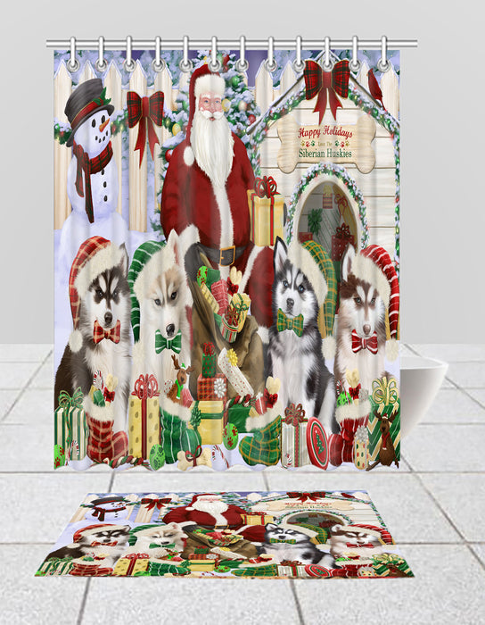 Happy Holidays Christmas Siberian Husky Dogs House Gathering Bath Mat and Shower Curtain Combo
