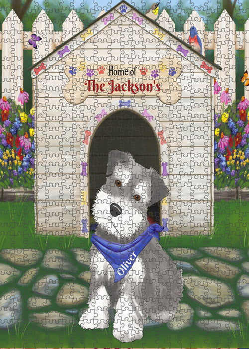 Custom Personalized Cartoonish Pet Photo and Name on Puzzle with Photo Tin in Spring Dog House Background