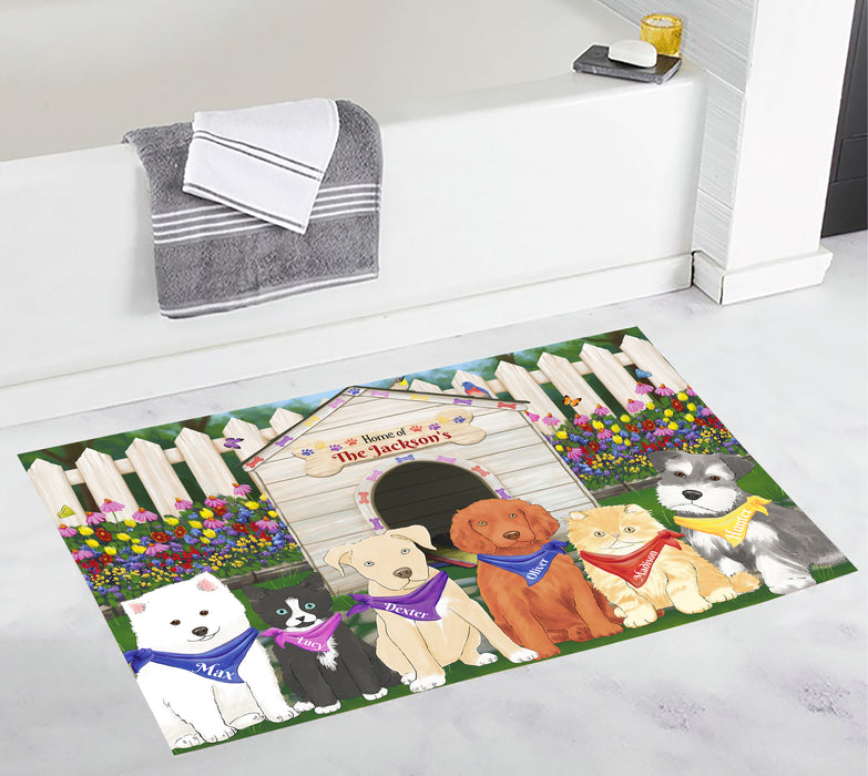 Custom Personalized Cartoonish Pet Photo and Name on Bath Mat in Spring Dog House Background
