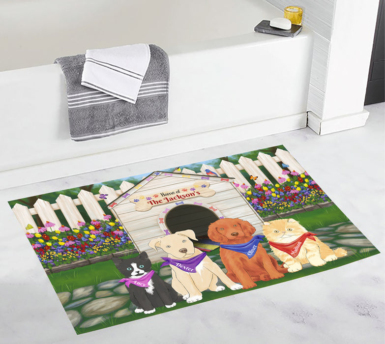 Custom Personalized Cartoonish Pet Photo and Name on Bath Mat in Spring Dog House Background