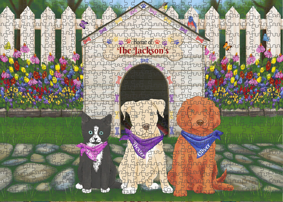 Custom Personalized Cartoonish Pet Photo and Name on Puzzle with Photo Tin in Spring Dog House Background