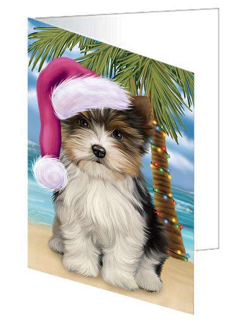 Summertime Happy Holidays Christmas Biewer Terrier Dog on Tropical Island Beach Handmade Artwork Assorted Pets Greeting Cards and Note Cards with Envelopes for All Occasions and Holiday Seasons GCD67646