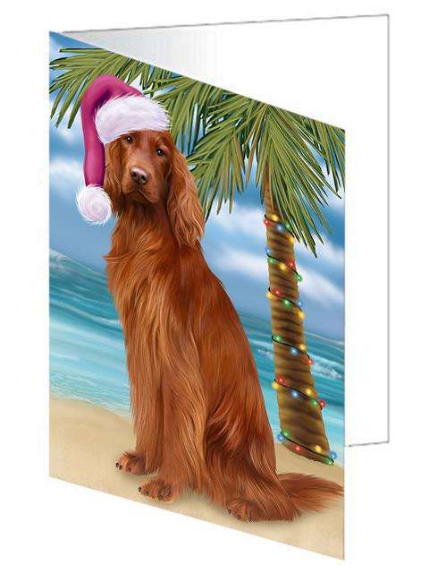Summertime Happy Holidays Christmas Irish Setter Dog on Tropical Island Beach Handmade Artwork Assorted Pets Greeting Cards and Note Cards with Envelopes for All Occasions and Holiday Seasons GCD67721