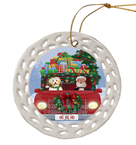 Christmas Honk Honk Red Truck with Santa and Tibetan Terrier Dog Doily Ornament DPOR59396