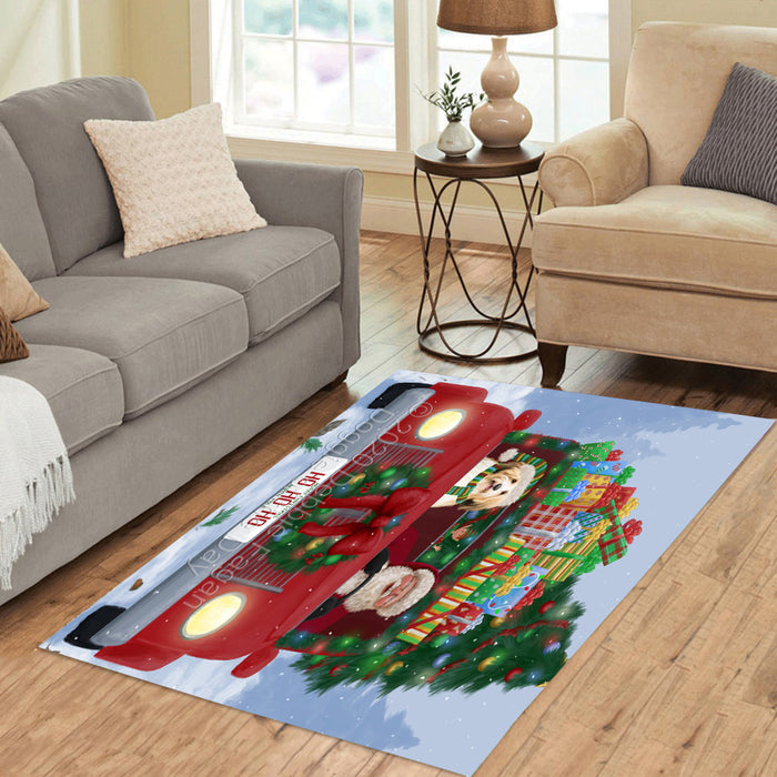 Christmas Honk Honk Red Truck Here Comes with Santa and Tibetan Terrier Dog Polyester Area Rug ARUG63800