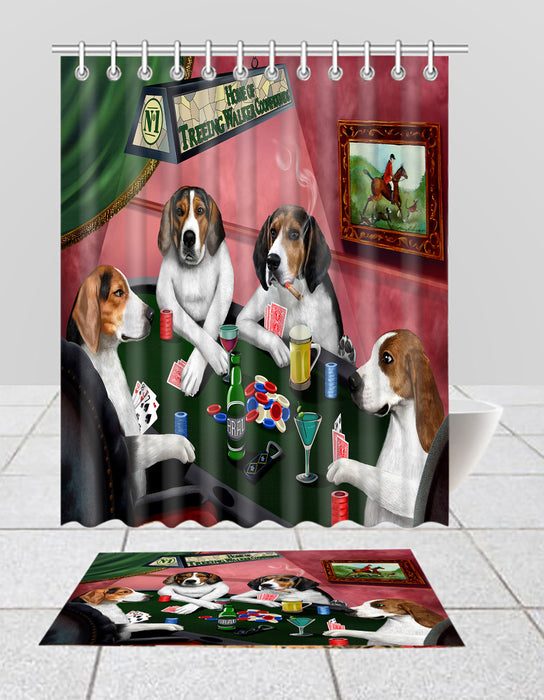 Home of  Treeing Walker Coonhound Dogs Playing Poker Bath Mat and Shower Curtain Combo