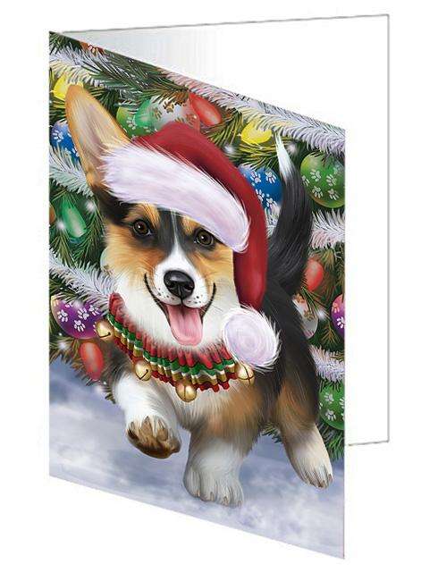 Trotting in the Snow Corgi Dog Handmade Artwork Assorted Pets Greeting Cards and Note Cards with Envelopes for All Occasions and Holiday Seasons GCD68108