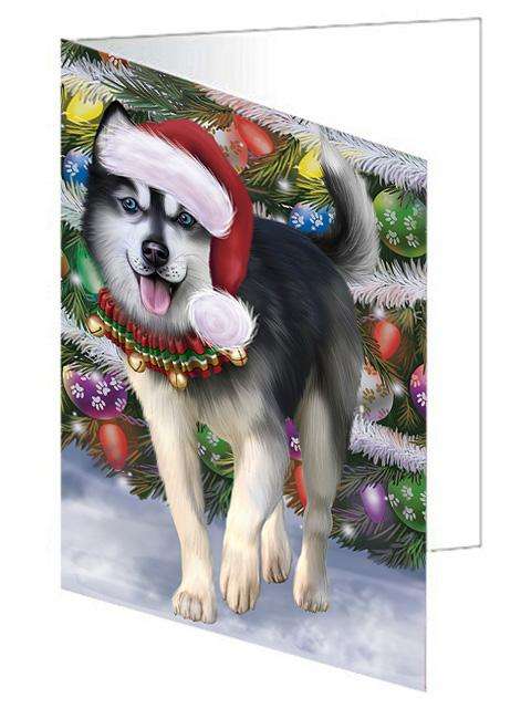 Trotting in the Snow Siberian Husky Dog Handmade Artwork Assorted Pets Greeting Cards and Note Cards with Envelopes for All Occasions and Holiday Seasons GCD68204