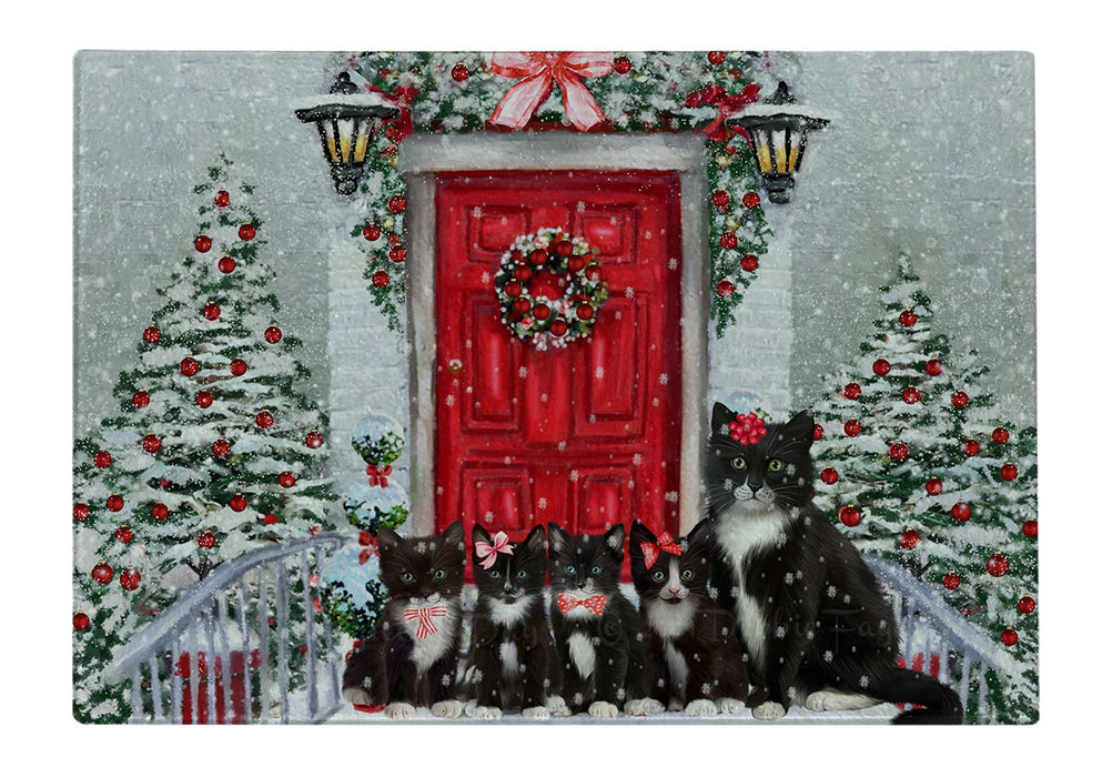 Christmas Holiday Welcome Tuxedo Cats Cutting Board - For Kitchen - Scratch & Stain Resistant - Designed To Stay In Place - Easy To Clean By Hand - Perfect for Chopping Meats, Vegetables