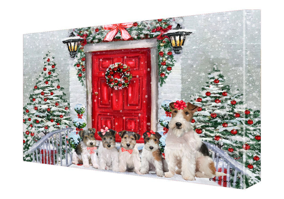 Christmas Holiday Welcome Wire Fox Terrier Dogs Canvas Wall Art - Premium Quality Ready to Hang Room Decor Wall Art Canvas - Unique Animal Printed Digital Painting for Decoration