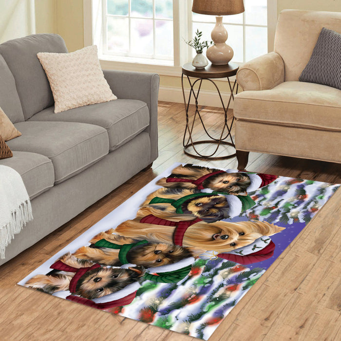 Yorkshire Terrier Dogs Christmas Family Portrait in Holiday Scenic Background Area Rug