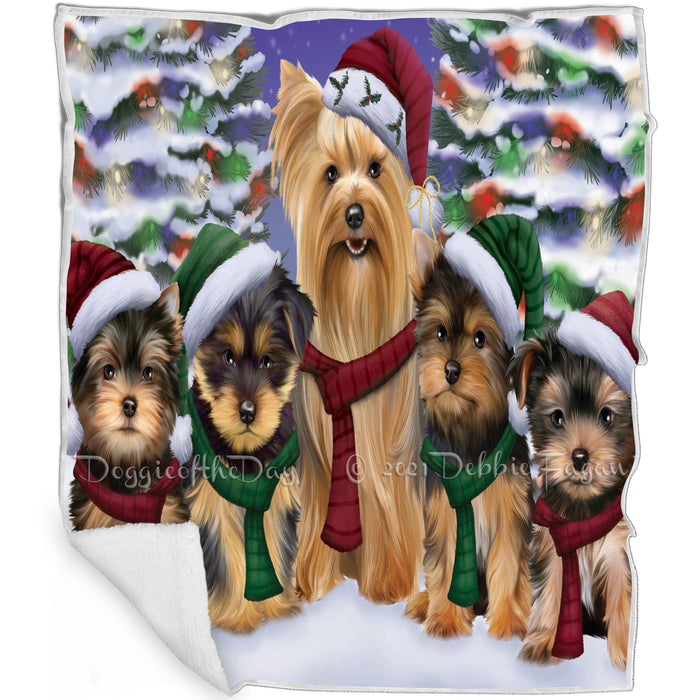 Yorkshire Terrier Dogs Christmas Family Portrait in Holiday Scenic Background Blanket BLNKT143276