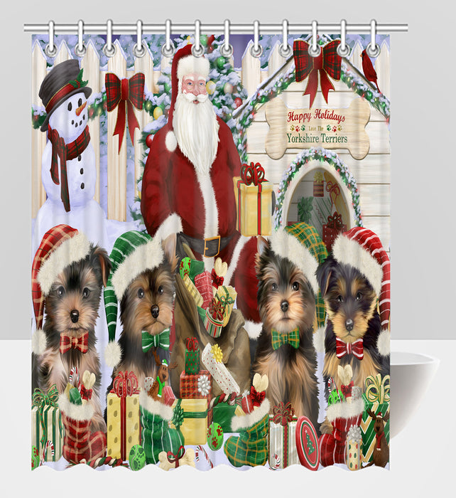 Happy Holidays Christmas Yorkshire Terrier Dogs House Gathering Shower Curtain