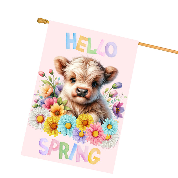 Hello Spring Little Bull Calf Pink Custom House Flag, Personalized Spring Flag, Welcome Flag Yard Art Outdoor Decor, Farmhouse Style, Animal Lover New House Gift