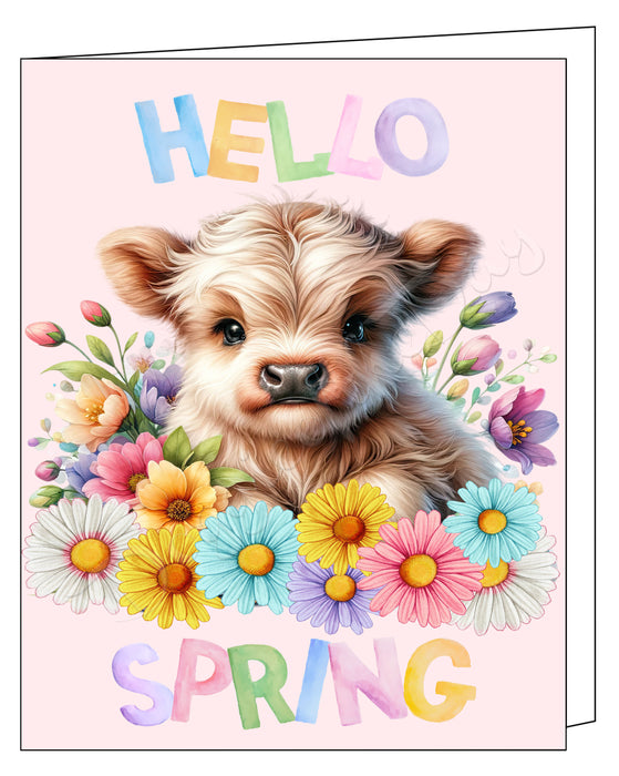 Hello Spring Little Bull Calf Pink Greeting Card with Envelope, Customized Fun and Cute Animal Portrait Stationery, 5x7"