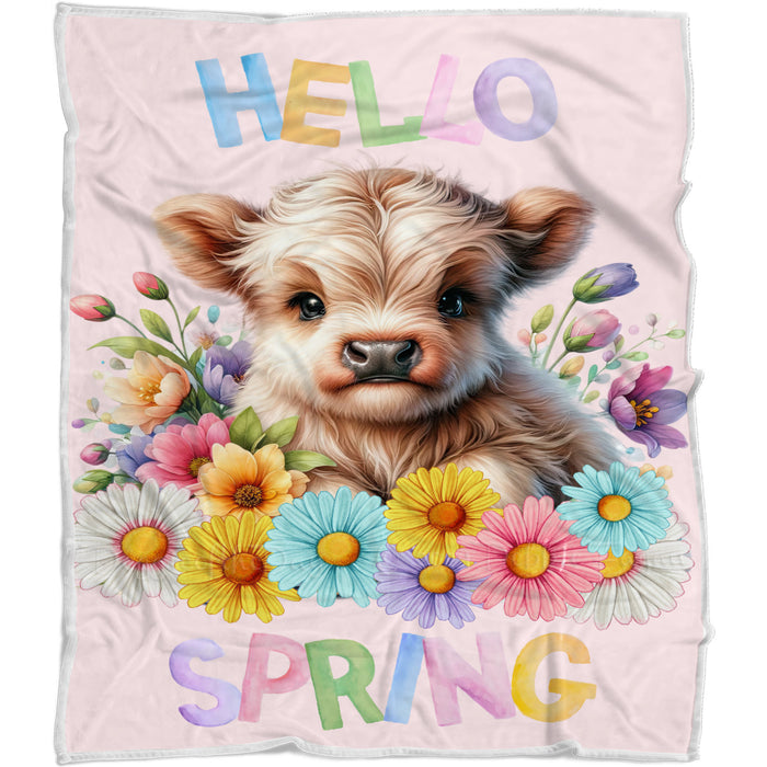 Hello Spring Bull Calf Pink Throw Blanket, Personalized Cute Baby Animal Print Coverlet, Customized Colorful Flowers Kids Throw Blanket