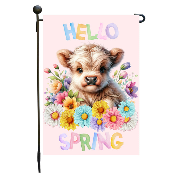 Customized Hello Spring Little Bull Calf Pink Garden Flag, Personalized Spring Flag, Custom Cute Baby Animal Pet Portrait Yard Art Outdoor and Garden Decor